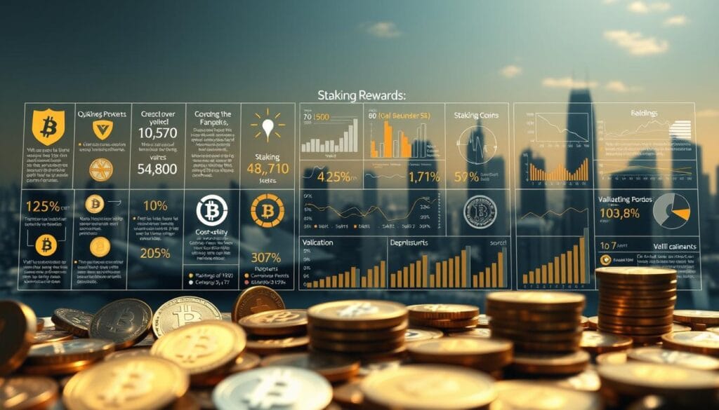 A detailed illustration of the key factors influencing staking rewards in the cryptocurrency ecosystem. The foreground depicts various cryptocurrency tokens and coins, each with their own unique staking parameters such as yield, lockup periods, and validation requirements. The middle ground showcases a myriad of data visualizations and charts highlighting the relationships between these staking factors and their impact on overall returns. The background features a futuristic cityscape, symbolizing the integration of staking into the broader decentralized finance landscape. Crisp, clean lighting and a slightly muted color palette convey a sense of technical sophistication and financial analysis.
