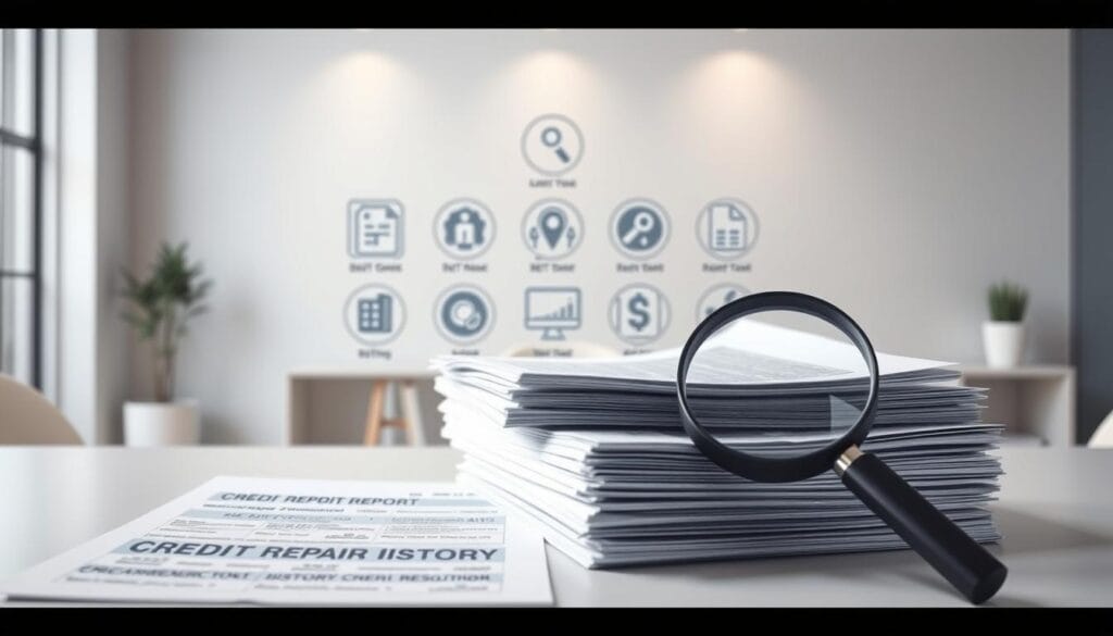 A detailed image of "credit repair strategies" in a clean, professional style. The foreground features a stack of credit reports and a magnifying glass, symbolizing the analysis of credit history. In the middle ground, there are icons representing different credit repair techniques like debt consolidation, credit monitoring, and dispute resolution. The background depicts a modern, minimalist office setting with neutral tones and clean lines, creating a sense of focus and organization. The lighting is soft and directional, accentuating the key elements. The overall composition is balanced, with a clear hierarchy of visual information to convey the concept of effective credit repair.