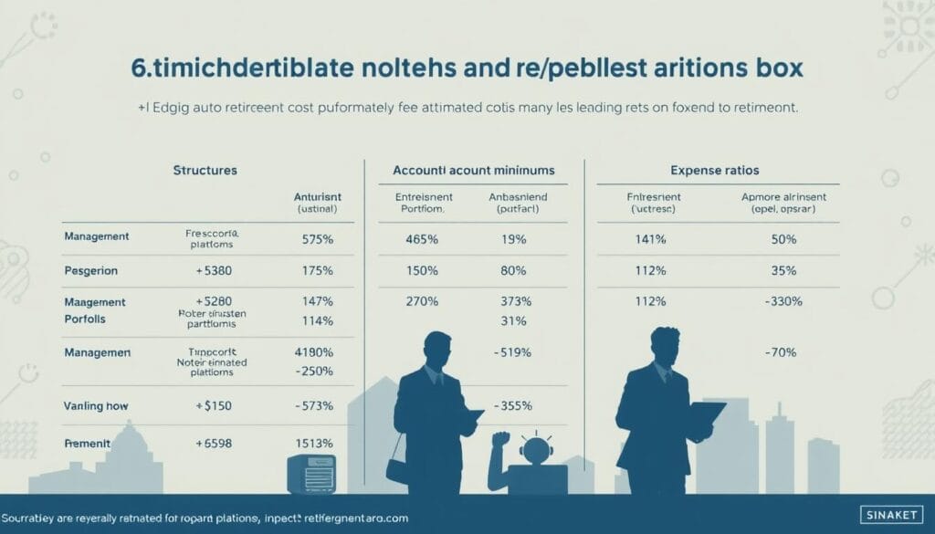 A detailed infographic depicting the fee structures of leading automated investment platforms. The foreground showcases various fee categories, including management fees, account minimums, and expense ratios, presented in a clean, data-driven layout. The middle ground features silhouettes of investment portfolios and financial advisory icons, conveying the automated nature of these services. The background employs a soft, muted color palette with subtle patterns, creating a professional and informative atmosphere. The overall composition is balanced, inviting the viewer to explore the nuances of robo-advisor costs and their impact on retirement planning. A detailed infographic depicting the fee structures of leading automated investment platforms. The foreground showcases various fee categories, including management fees, account minimums, and expense ratios, presented in a clean, data-driven layout. The middle ground features silhouettes of investment portfolios and financial advisory icons, conveying the automated nature of these services. The background employs a soft, muted color palette with subtle patterns, creating a professional and informative atmosphere. The overall composition is balanced, inviting the viewer to explore the nuances of robo-advisor costs and their impact on retirement planning.