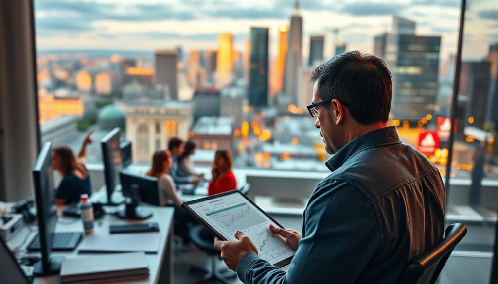 A detailed macro-economic forecast of small business funding trends in 2025, captured through a wide-angle lens with a shallow depth of field. In the foreground, a financial advisor reviews a report on a tablet against a blurred background of computer screens and office supplies. The middle ground features a diverse array of entrepreneurs pitching to a panel of angel investors under warm, directional lighting. In the distant background, a cityscape with skyscrapers and bustling streets sets the scene of a thriving, post-pandemic economy. The overall mood is one of cautious optimism, reflecting the challenges and opportunities facing small businesses in the coming years. A detailed macro-economic forecast of small business funding trends in 2025, captured through a wide-angle lens with a shallow depth of field. In the foreground, a financial advisor reviews a report on a tablet against a blurred background of computer screens and office supplies. The middle ground features a diverse array of entrepreneurs pitching to a panel of angel investors under warm, directional lighting. In the distant background, a cityscape with skyscrapers and bustling streets sets the scene of a thriving, post-pandemic economy. The overall mood is one of cautious optimism, reflecting the challenges and opportunities facing small businesses in the coming years.