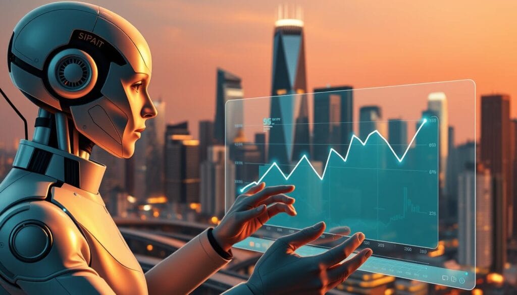 A detailed, photorealistic digital illustration depicting "AI-driven debt management". In the foreground, an elegant AI assistant guides a person through financial data visualizations on a sleek, holographic interface. In the middle ground, a flowing graph chart shows the positive trajectory of debt reduction over time. In the background, a city skyline with gleaming skyscrapers represents the advanced technological infrastructure powering this AI-enabled debt management system. The lighting is soft and warm, creating a sense of calm professionalism. The camera angle is slightly elevated, giving an overview of the comprehensive, AI-powered debt management solution. A detailed, photorealistic digital illustration depicting "AI-driven debt management". In the foreground, an elegant AI assistant guides a person through financial data visualizations on a sleek, holographic interface. In the middle ground, a flowing graph chart shows the positive trajectory of debt reduction over time. In the background, a city skyline with gleaming skyscrapers represents the advanced technological infrastructure powering this AI-enabled debt management system. The lighting is soft and warm, creating a sense of calm professionalism. The camera angle is slightly elevated, giving an overview of the comprehensive, AI-powered debt management solution.