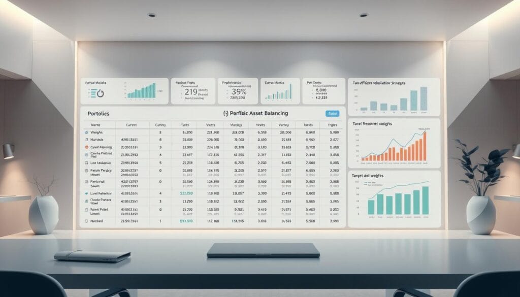 A detailed portfolio rebalancing strategy with precise asset allocation, illustrated with a crisp, clean aesthetic. A central table shows various investment instruments, their current weights, and the target rebalanced weights. Surrounding this is a minimalist financial dashboard, with charts and graphs tracking market performance, risk metrics, and tax-efficient rebalancing triggers. The background portrays a serene, modern office setting, with geometric shapes and soft lighting, evoking a sense of control and professionalism. The overall composition strikes a balance between analytical clarity and visual appeal, well-suited to illustrate the "Rebalancing and Asset Allocation Strategies" section. A detailed portfolio rebalancing strategy with precise asset allocation, illustrated with a crisp, clean aesthetic. A central table shows various investment instruments, their current weights, and the target rebalanced weights. Surrounding this is a minimalist financial dashboard, with charts and graphs tracking market performance, risk metrics, and tax-efficient rebalancing triggers. The background portrays a serene, modern office setting, with geometric shapes and soft lighting, evoking a sense of control and professionalism. The overall composition strikes a balance between analytical clarity and visual appeal, well-suited to illustrate the "Rebalancing and Asset Allocation Strategies" section.