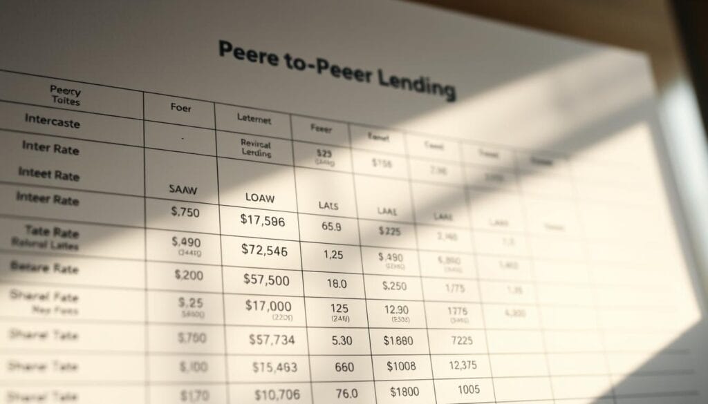 A detailed, professional comparison chart illuminated by soft, natural lighting. In the foreground, precisely rendered financial data columns display interest rates, fees, and repayment terms for various peer-to-peer lending platforms. The middle ground features clean, readable typography and precise grid lines, while the background depicts a subtle gradient or abstract pattern that enhances the informative, analytical mood. The composition is balanced, inviting the viewer to closely examine the comparative data. The overall aesthetic is modern, data-driven, and optimized for clear communication of the key information.
