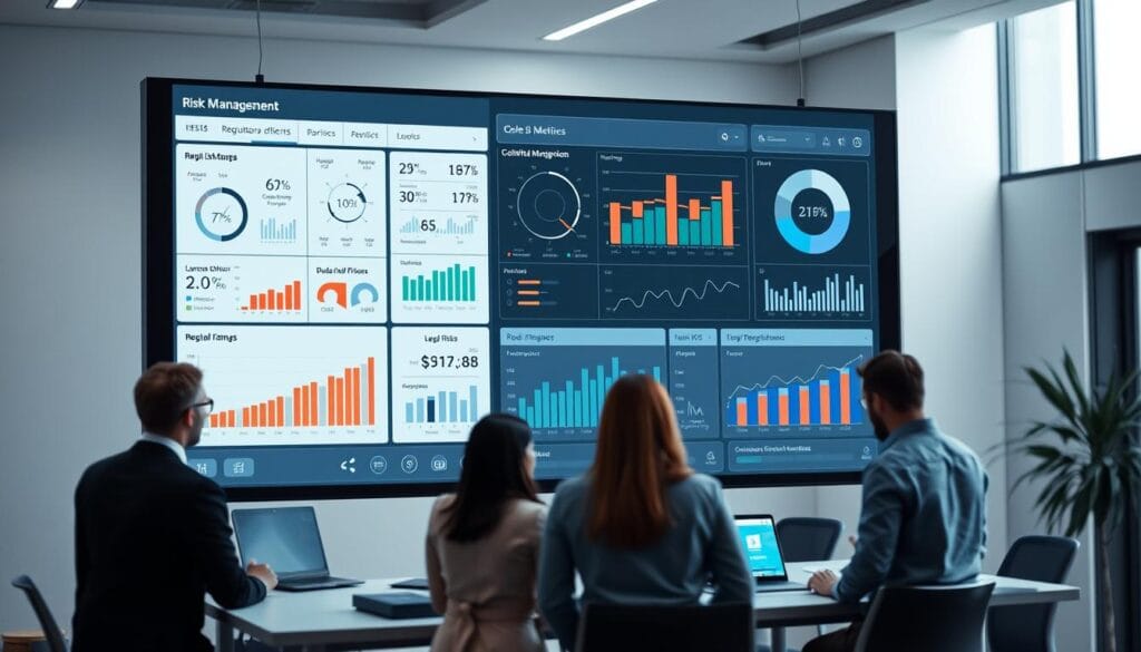A detailed risk management software dashboard displayed on a modern digital screen, with various compliance metrics, analytics, and control panels. The foreground shows a sleek interface with interactive graphs, charts, and toggles for monitoring regulatory adherence, legal risks, and audit processes. The middle ground features a team of data analysts and compliance officers reviewing the dashboard, discussing insights and making strategic decisions. The background depicts a minimalist office setting with clean lines, neutral tones, and subtle lighting that creates a professional, secure atmosphere conducive to sensitive financial operations.