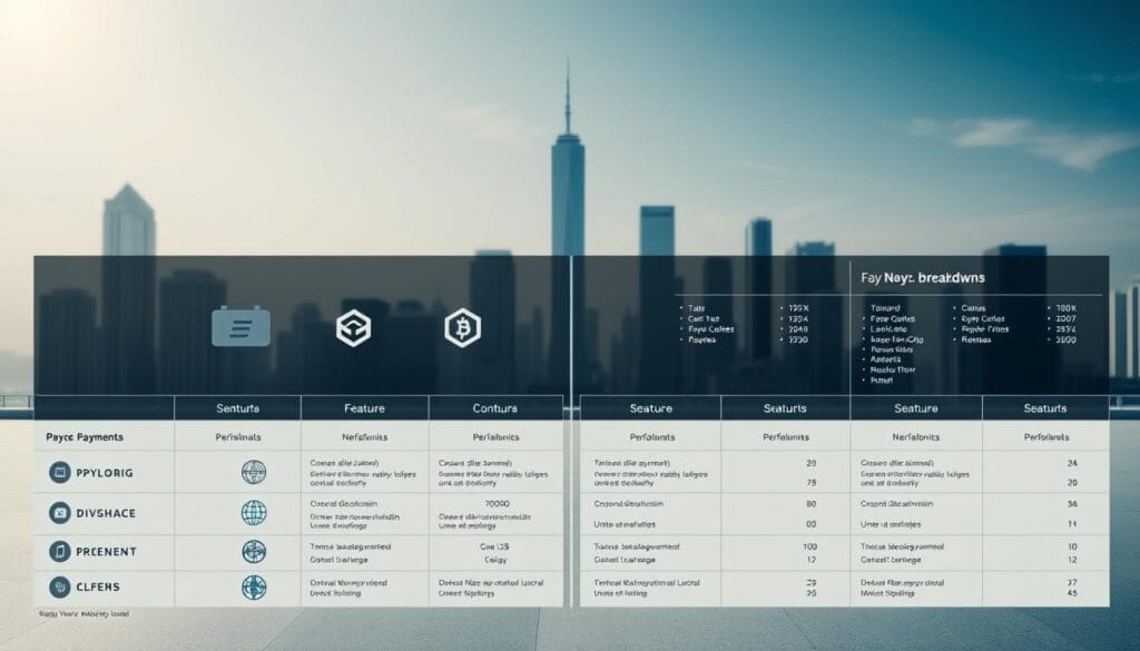 A detailed side-by-side comparison of leading blockchain payment platforms, showcased in a clean, professional layout. The foreground features sleek, modern icons or logos for each platform, arranged in a grid. The middle ground presents key feature breakdowns and performance statistics in a well-organized tabular format, with subtle data visualizations. The background offers a minimalist, elegant cityscape with skyscrapers, hinting at the urban, enterprise-level setting. Lighting is soft and diffused, creating a sense of clarity and authority. The overall mood is authoritative, informative, and visually striking, befitting a comprehensive industry overview. A detailed side-by-side comparison of leading blockchain payment platforms, showcased in a clean, professional layout. The foreground features sleek, modern icons or logos for each platform, arranged in a grid. The middle ground presents key feature breakdowns and performance statistics in a well-organized tabular format, with subtle data visualizations. The background offers a minimalist, elegant cityscape with skyscrapers, hinting at the urban, enterprise-level setting. Lighting is soft and diffused, creating a sense of clarity and authority. The overall mood is authoritative, informative, and visually striking, befitting a comprehensive industry overview.