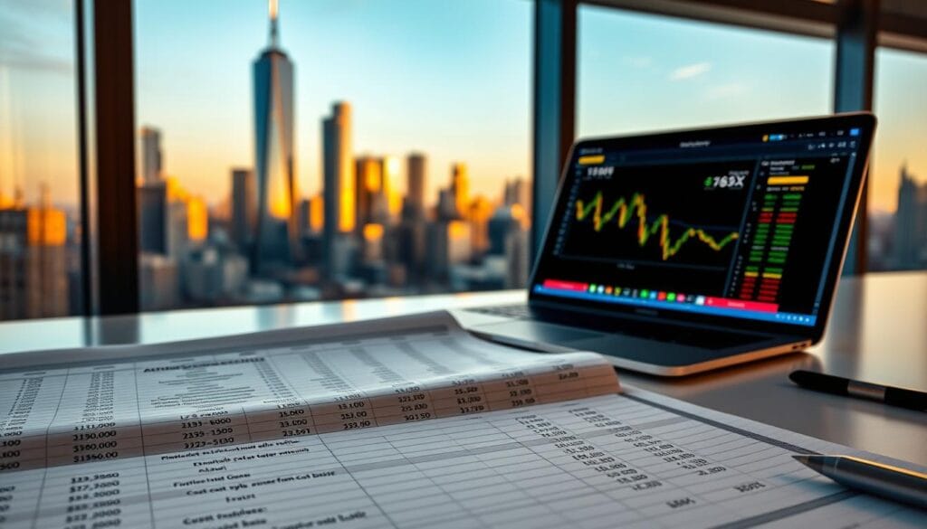 A detailed spreadsheet on a sleek, minimalist desk, showcasing cryptocurrency cost basis adjustments. The foreground features precise calculations, neatly organized columns, and lines connecting different transactions. The middle ground shows a modern laptop with a digital wallet interface, hinting at the cryptocurrency aspect. In the background, a serene cityscape with skyscrapers bathed in golden evening light, conveying a sense of financial sophistication. The overall atmosphere is one of professionalism, attention to detail, and technological advancement, perfectly suited to illustrate the "Tax Implications of Trading, Selling, and Transferring Crypto" section.