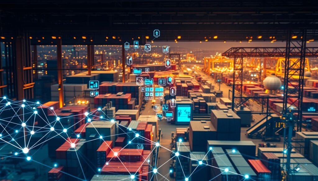 A detailed, technical blueprint of blockchain technology seamlessly integrated into a vibrant, dynamic supply chain finance ecosystem. In the foreground, a blockchain network visually manifests as an intricate lattice of interconnected nodes, reflecting the transparency and security of decentralized transactions. In the middle ground, various supply chain finance processes - invoicing, inventory management, trade financing - are depicted through intuitive data visualizations and interactive UI elements. The background showcases a bustling industrial landscape, with factories, warehouses, and logistics hubs, all connected by the blockchain-powered supply chain. Warm, diffused lighting casts an atmosphere of efficiency, trust, and innovation, highlighting the transformative potential of this cutting-edge technology within the realm of supply chain finance. A detailed, technical blueprint of blockchain technology seamlessly integrated into a vibrant, dynamic supply chain finance ecosystem. In the foreground, a blockchain network visually manifests as an intricate lattice of interconnected nodes, reflecting the transparency and security of decentralized transactions. In the middle ground, various supply chain finance processes - invoicing, inventory management, trade financing - are depicted through intuitive data visualizations and interactive UI elements. The background showcases a bustling industrial landscape, with factories, warehouses, and logistics hubs, all connected by the blockchain-powered supply chain. Warm, diffused lighting casts an atmosphere of efficiency, trust, and innovation, highlighting the transformative potential of this cutting-edge technology within the realm of supply chain finance.