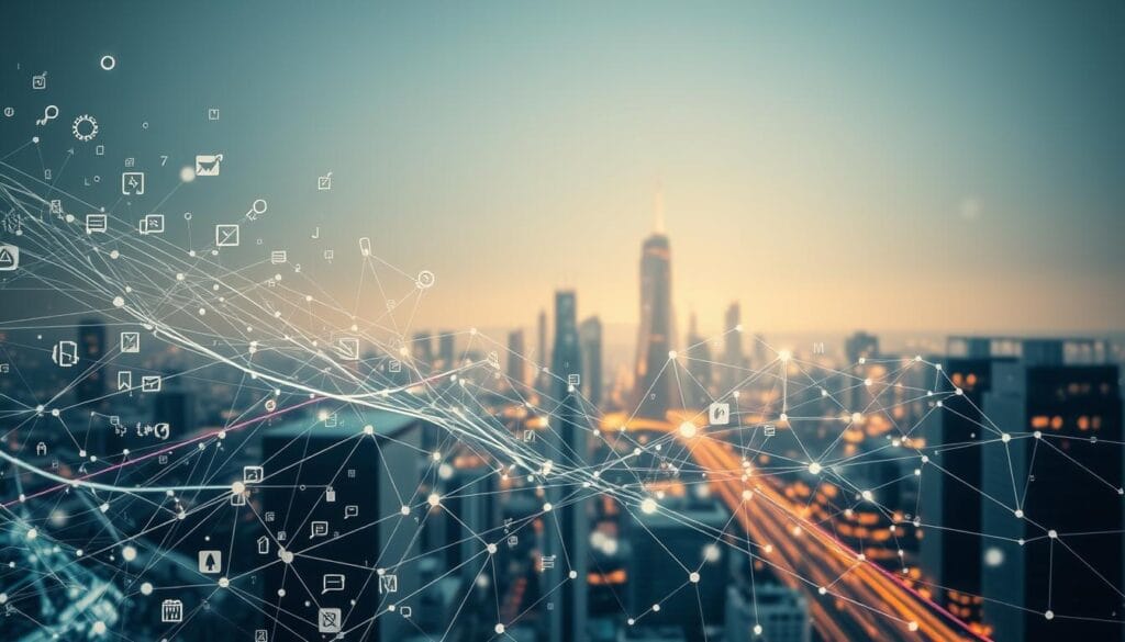 A detailed, technical rendering of natural language processing in a modern, minimalist style. In the foreground, an array of abstract linguistic symbols, lines, and shapes flow dynamically across the frame, representing the intricate processing of human language. In the middle ground, a neural network diagram unfolds, its nodes and connections pulsing with digital energy. The background depicts a sleek, futuristic cityscape, hinting at the real-world applications of this cutting-edge technology. Crisp lighting from multiple angles accentuates the clean, sophisticated aesthetic. The overall mood is one of scientific sophistication and technological innovation.