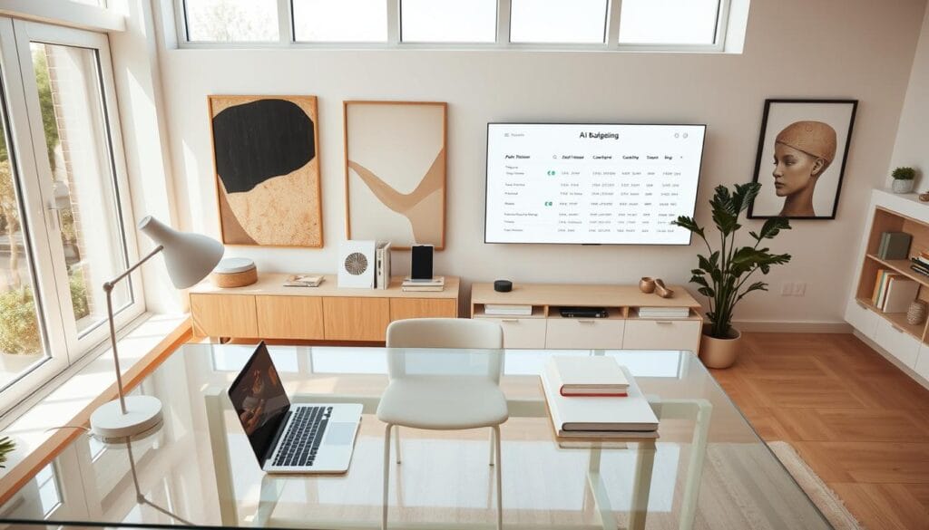 A detailed, top-down view of a modern, minimalist home office with a clean, bright aesthetic. In the foreground, an elegant, glass-topped desk features a sleek laptop, a stylish lamp, and a few neatly organized folders and notebooks. On the middle-ground, the walls are adorned with modern, abstract art pieces and a large, high-resolution display showcasing intuitive, user-friendly AI budgeting software. In the background, large windows allow natural light to flood the space, creating a warm, welcoming atmosphere. The overall scene conveys a sense of efficiency, organization, and the seamless integration of AI-powered technology into the family's daily financial management. A detailed, top-down view of a modern, minimalist home office with a clean, bright aesthetic. In the foreground, an elegant, glass-topped desk features a sleek laptop, a stylish lamp, and a few neatly organized folders and notebooks. On the middle-ground, the walls are adorned with modern, abstract art pieces and a large, high-resolution display showcasing intuitive, user-friendly AI budgeting software. In the background, large windows allow natural light to flood the space, creating a warm, welcoming atmosphere. The overall scene conveys a sense of efficiency, organization, and the seamless integration of AI-powered technology into the family's daily financial management.