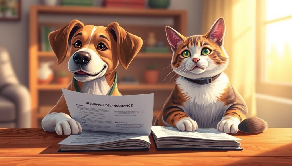 A detailed, vibrant illustration of two pets - a friendly dog and a curious cat - examining insurance documents and policies side-by-side on a wooden table. The pets are bathed in warm, natural lighting, conveying a sense of security and comfort. The background is softly blurred, placing the focus on the animals and the insurance materials. The composition is balanced, with the pets positioned prominently in the foreground, surrounded by the insurance documents in the middle ground. The overall mood is one of trust, care, and the benefits of protecting one's furry companions. A detailed, vibrant illustration of two pets - a friendly dog and a curious cat - examining insurance documents and policies side-by-side on a wooden table. The pets are bathed in warm, natural lighting, conveying a sense of security and comfort. The background is softly blurred, placing the focus on the animals and the insurance materials. The composition is balanced, with the pets positioned prominently in the foreground, surrounded by the insurance documents in the middle ground. The overall mood is one of trust, care, and the benefits of protecting one's furry companions.