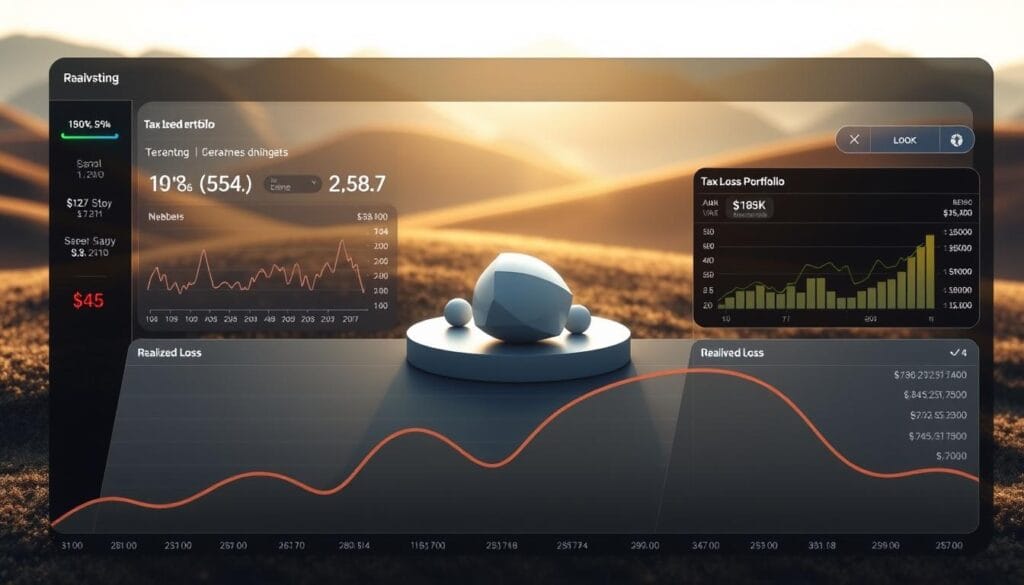 A detailed visualization of tax-loss harvesting, showcasing a sleek, modern investment portfolio dashboard. In the foreground, a graph tracks stock performance and realized losses, with intuitive data visualizations. The middle ground features a 3D model of an investment portfolio, with individual assets represented as geometric shapes. The background is a serene, minimalist landscape, bathed in soft, directional lighting to convey a sense of financial stability and growth. The overall aesthetic is clean, sophisticated, and designed to provide a clear, data-driven representation of the tax-loss harvesting process. A detailed visualization of tax-loss harvesting, showcasing a sleek, modern investment portfolio dashboard. In the foreground, a graph tracks stock performance and realized losses, with intuitive data visualizations. The middle ground features a 3D model of an investment portfolio, with individual assets represented as geometric shapes. The background is a serene, minimalist landscape, bathed in soft, directional lighting to convey a sense of financial stability and growth. The overall aesthetic is clean, sophisticated, and designed to provide a clear, data-driven representation of the tax-loss harvesting process.