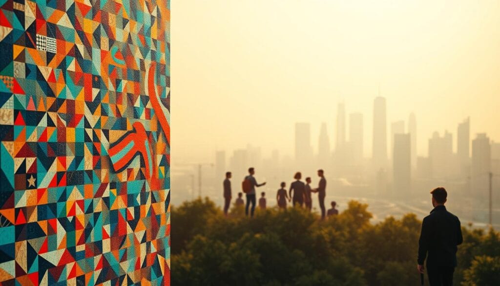 A digital canvas depicting the benefits of global art tokenization. In the foreground, a vibrant mosaic of colorful geometric shapes and abstract patterns symbolizes the diversity and accessibility of tokenized art. The middle ground features a cluster of human figures, each holding a digital art token, representing artists and collectors from around the world engaged in seamless global transactions. In the hazy background, a cityscape of skyscrapers and technological infrastructure suggests the integration of art tokenization into the international financial and creative landscapes. Warm, diffused lighting casts a sense of optimism and opportunity over the scene. The composition conveys the empowerment, interconnectivity, and growth potential of the tokenized art ecosystem. A digital canvas depicting the benefits of global art tokenization. In the foreground, a vibrant mosaic of colorful geometric shapes and abstract patterns symbolizes the diversity and accessibility of tokenized art. The middle ground features a cluster of human figures, each holding a digital art token, representing artists and collectors from around the world engaged in seamless global transactions. In the hazy background, a cityscape of skyscrapers and technological infrastructure suggests the integration of art tokenization into the international financial and creative landscapes. Warm, diffused lighting casts a sense of optimism and opportunity over the scene. The composition conveys the empowerment, interconnectivity, and growth potential of the tokenized art ecosystem.