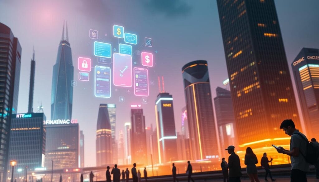 A digital cityscape with a dynamic financial hub in the foreground, featuring a cluster of modern fintech apps hovering above sleek skyscrapers. The apps are represented as vibrant, holographic interfaces with intuitive controls, reflecting the evolution of personal finance in the digital age. In the middle ground, silhouettes of people engage with their mobile devices, symbolizing the integration of these fintech tools into everyday life. The background depicts a futuristic, neon-lit skyline, conveying a sense of technological progress and the seamless integration of finance and technology. The scene is illuminated by warm, ambient lighting that casts a soft, dreamlike glow, evoking a mood of innovation, convenience, and the empowerment of personal finance in the digital era. A digital cityscape with a dynamic financial hub in the foreground, featuring a cluster of modern fintech apps hovering above sleek skyscrapers. The apps are represented as vibrant, holographic interfaces with intuitive controls, reflecting the evolution of personal finance in the digital age. In the middle ground, silhouettes of people engage with their mobile devices, symbolizing the integration of these fintech tools into everyday life. The background depicts a futuristic, neon-lit skyline, conveying a sense of technological progress and the seamless integration of finance and technology. The scene is illuminated by warm, ambient lighting that casts a soft, dreamlike glow, evoking a mood of innovation, convenience, and the empowerment of personal finance in the digital era.