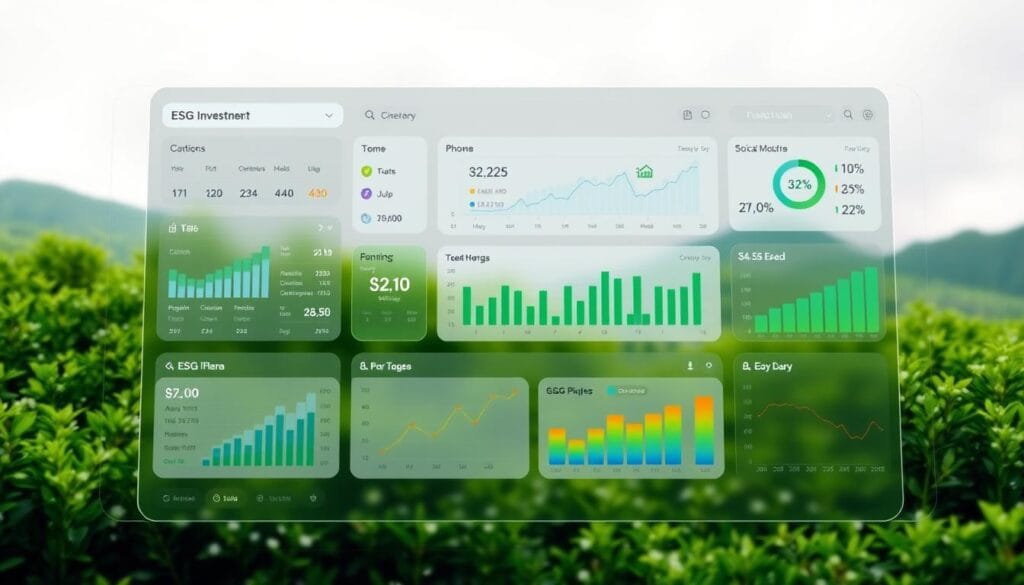 A digital financial dashboard featuring various ESG (Environmental, Social, and Governance) investing platforms. The foreground displays a modern, minimalist user interface with clean typography and intuitive icons representing different investment options, fund performance, and sustainability metrics. The middle ground shows a series of neatly organized charts, graphs, and data visualizations illustrating the impact and growth of these ESG-focused investment products. The background depicts a serene, nature-inspired landscape with lush greenery, reflecting the positive environmental and social goals of these responsible investment platforms. The overall scene conveys a sense of technological sophistication, environmental consciousness, and a commitment to sustainable, values-driven financial decision-making.