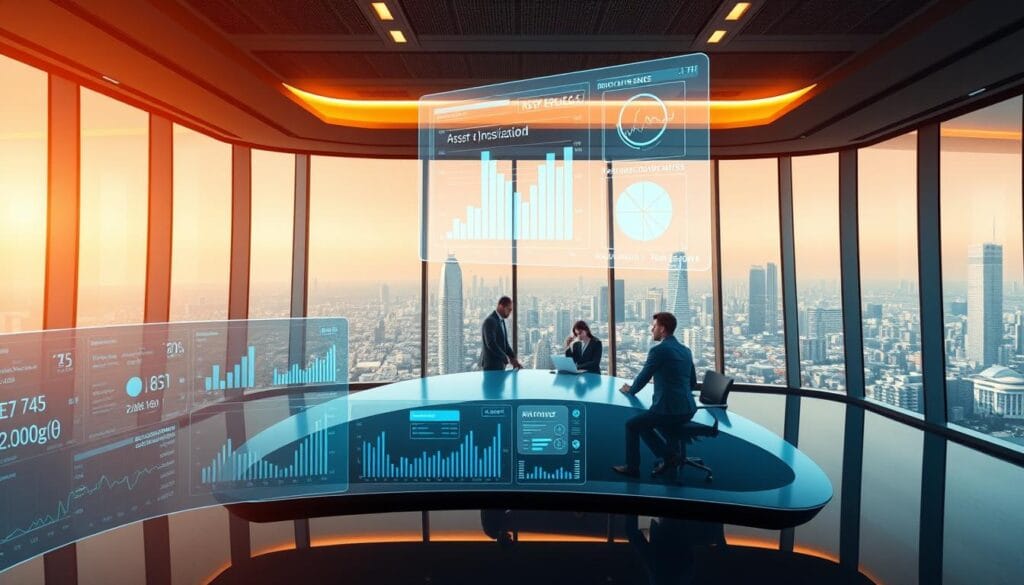 A digital illustration showcasing a sleek, modern financial workspace. In the foreground, a transparent dashboard displays real-time data visualizations and AI-powered analytics. Floating above it, a holographic interface showcases advanced cash flow projections and predictive models. In the middle ground, a team of professionals collaborates around a curved, minimalist conference table, studying the holographic displays. The background features floor-to-ceiling windows overlooking a futuristic cityscape, bathed in warm, directional lighting from above. The overall atmosphere conveys a sense of technological innovation, efficiency, and data-driven decision-making in the realm of finance. A digital illustration showcasing a sleek, modern financial workspace. In the foreground, a transparent dashboard displays real-time data visualizations and AI-powered analytics. Floating above it, a holographic interface showcases advanced cash flow projections and predictive models. In the middle ground, a team of professionals collaborates around a curved, minimalist conference table, studying the holographic displays. The background features floor-to-ceiling windows overlooking a futuristic cityscape, bathed in warm, directional lighting from above. The overall atmosphere conveys a sense of technological innovation, efficiency, and data-driven decision-making in the realm of finance.