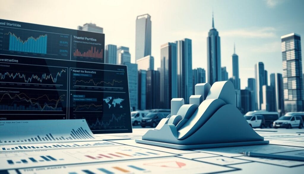 A digital illustration showcasing investment strategies and portfolio management. Depicted in a sleek, modern style with a minimalist color palette. In the foreground, a variety of financial charts, graphs, and data visualizations, conveying key performance metrics and investment insights. In the middle ground, a stylized 3D model of a balanced portfolio, comprising various asset classes such as stocks, bonds, and alternative investments. In the background, a cityscape of towering skyscrapers, evoking the financial hub and technological advancement powering next-generation investment management. Crisp, high-contrast lighting and a shallow depth of field create a sense of depth and visual interest. The overall atmosphere is one of sophistication, efficiency, and data-driven decision-making.