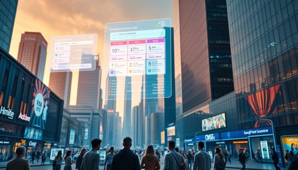 A digital insurance marketplace set in a futuristic cityscape, with sleek and transparent holographic interfaces floating above a bustling urban landscape. In the foreground, a group of people interacting with dynamic insurance plan options, displayed in vibrant colors and intuitive visualizations. The middle ground features tall, modern buildings with seamless integration of digital signage and interactive kiosks. The background showcases a skyline of gleaming skyscrapers, their facades adorned with dynamic digital displays. Warm, diffused lighting casts a sense of sophistication and technological progress, while subtle reflections on the holographic surfaces add depth and a sense of immersion. The overall scene conveys the evolution of insurance services, blending digital innovation with a streamlined, user-friendly experience.