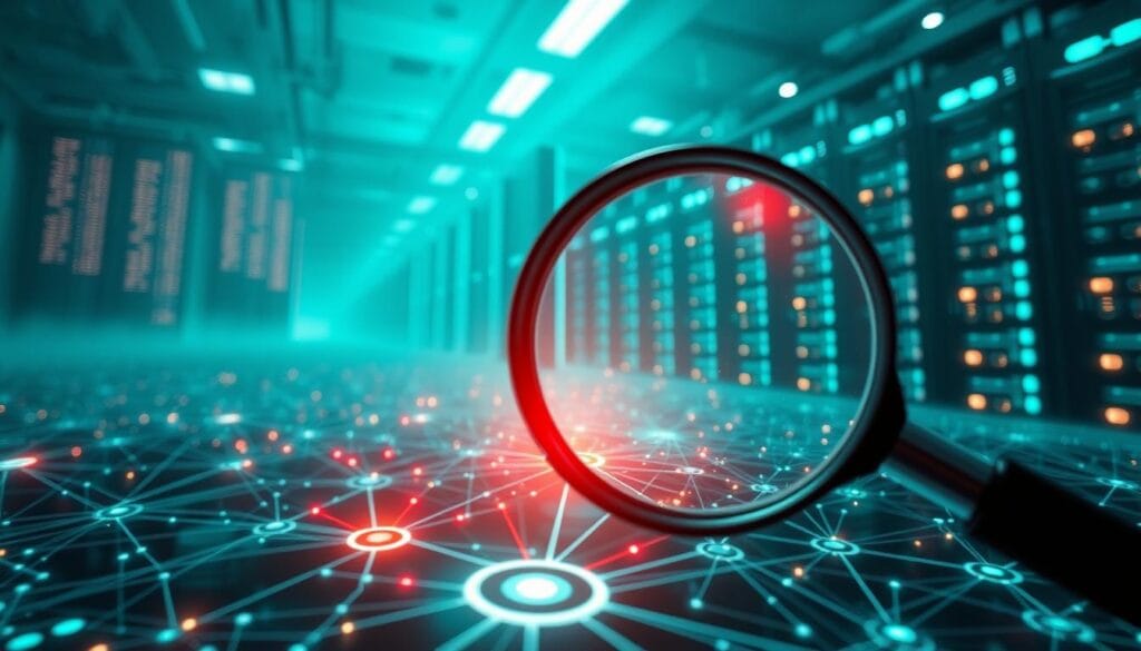 A digital landscape depicting a cyber vulnerability assessment, with a central focus on a complex network diagram pulsing with data streams. In the foreground, a magnifying glass hovers, examining the intricate connections, while in the background, towering data centers loom, their servers casting an ominous glow. The scene is bathed in a cool, teal-hued lighting, creating a sense of technical sophistication and potential risk. The composition is balanced, with the network diagram occupying the central focal point, surrounded by the supporting elements that convey the essence of a comprehensive vulnerability assessment in the digital realm.