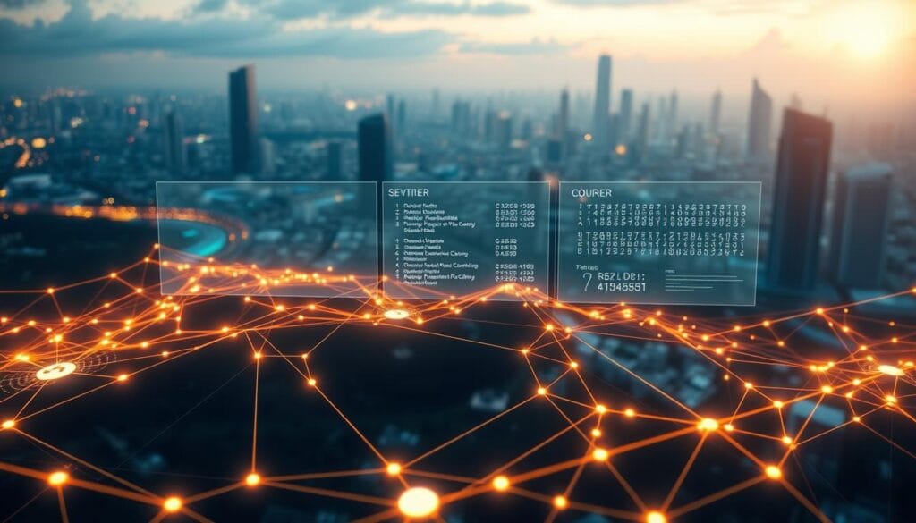 A digital landscape depicting blockchain security and transparency. In the foreground, a secure blockchain network with nodes interconnected by glowing digital lines. In the middle ground, a transparent ledger displaying transaction details and security information. In the background, a cityscape with modern skyscrapers and infrastructure, representing the real-world applications of this technology. Illuminated by a warm, diffused lighting that casts a reassuring glow, conveying a sense of trust and reliability. Captured with a wide-angle lens to showcase the depth and scale of this vision for the future of secure, transparent financial transactions. A digital landscape depicting blockchain security and transparency. In the foreground, a secure blockchain network with nodes interconnected by glowing digital lines. In the middle ground, a transparent ledger displaying transaction details and security information. In the background, a cityscape with modern skyscrapers and infrastructure, representing the real-world applications of this technology. Illuminated by a warm, diffused lighting that casts a reassuring glow, conveying a sense of trust and reliability. Captured with a wide-angle lens to showcase the depth and scale of this vision for the future of secure, transparent financial transactions.