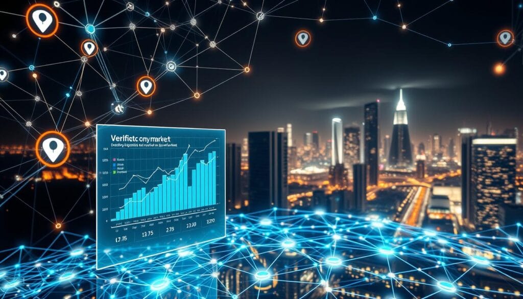 A digital landscape of intertwined blockchain networks, data flows, and verification symbols. In the foreground, a futuristic holographic interface showcases dynamic charts and graphs, reflecting the growth and trends of the digital verification market. The middle ground features a mesh of interconnected nodes, representing the diverse ecosystem of identity providers, validators, and service platforms. In the background, a sleek cityscape with towering skyscrapers and glowing data centers sets the tone of a technologically advanced, yet harmonious digital realm. Soft, warm lighting illuminates the scene, creating a sense of sophistication and innovation. The overall atmosphere conveys the complexity, integration, and momentum of the evolving digital verification landscape. A digital landscape of intertwined blockchain networks, data flows, and verification symbols. In the foreground, a futuristic holographic interface showcases dynamic charts and graphs, reflecting the growth and trends of the digital verification market. The middle ground features a mesh of interconnected nodes, representing the diverse ecosystem of identity providers, validators, and service platforms. In the background, a sleek cityscape with towering skyscrapers and glowing data centers sets the tone of a technologically advanced, yet harmonious digital realm. Soft, warm lighting illuminates the scene, creating a sense of sophistication and innovation. The overall atmosphere conveys the complexity, integration, and momentum of the evolving digital verification landscape.