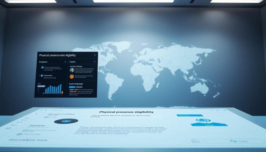A digital tax filing interface for expats in 2025, showcasing a "physical presence test eligibility" section. The foreground features a modern, intuitive dashboard with clear instructions and interactive elements. The middle ground displays a world map highlighting countries, hinting at the global reach of this digital solution. The background evokes a sleek, minimalist aesthetic with subtle gradients and geometric patterns, conveying a sense of technological sophistication. Soft, diffused lighting illuminates the scene, creating a calming and professional atmosphere. The overall composition aims to convey the ease and accessibility of this digital tax filing tool for internationally mobile individuals. A digital tax filing interface for expats in 2025, showcasing a "physical presence test eligibility" section. The foreground features a modern, intuitive dashboard with clear instructions and interactive elements. The middle ground displays a world map highlighting countries, hinting at the global reach of this digital solution. The background evokes a sleek, minimalist aesthetic with subtle gradients and geometric patterns, conveying a sense of technological sophistication. Soft, diffused lighting illuminates the scene, creating a calming and professional atmosphere. The overall composition aims to convey the ease and accessibility of this digital tax filing tool for internationally mobile individuals.