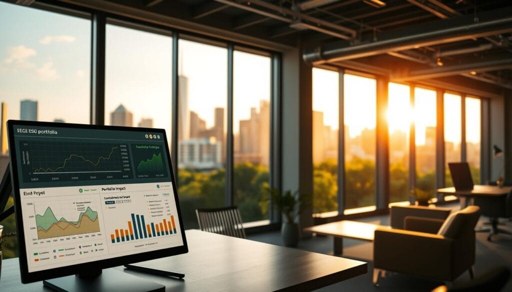 A digital workspace showcasing various ESG portfolio management tools. In the foreground, a user-friendly interface with intuitive graphs, charts, and analytics displaying sustainability metrics and portfolio impact. In the middle ground, a panoramic view of a modern, energy-efficient office with floor-to-ceiling windows bathed in warm, natural lighting. In the background, a cityscape with towering skyscrapers and lush, green parks, symbolizing the integration of environmental and social considerations into investment strategies. The scene conveys a sense of innovation, transparency, and a commitment to responsible investing, creating a visually compelling representation of the benefits of ESG-focused robo-advisors.