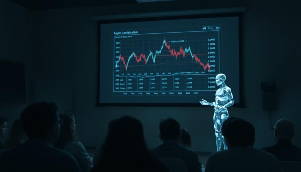 A dimly lit classroom, with a projector screen displaying a complex financial chart. In the foreground, a group of students, their faces set in concentration, struggling to decipher the data. The teacher, an AI-powered avatar, stands to the side, offering guidance and explanations, its holographic form casting an ethereal glow. The background is a hazy, abstract representation of the challenges faced in mastering AI-driven financial education - tangled algorithms, data streams, and the ever-evolving landscape of fintech. Soft, moody lighting sets the tone, creating a sense of intellectual tension and the weight of the subject matter. The scene conveys the difficulties of translating complex financial concepts into accessible, interactive learning experiences through the use of AI technologies.