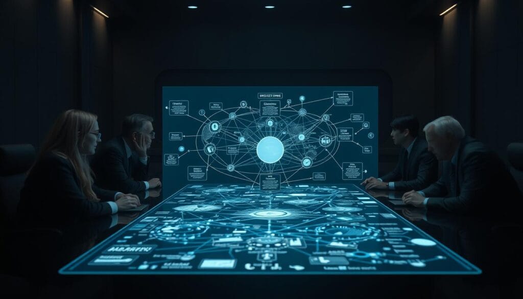 A dimly lit conference room with a large table surrounded by executives. On the table, a holographic display projects a complex web of interconnected risk factors and potential scenarios. The executives lean in, their faces cast in a thoughtful glow as they analyze the simulation, meticulously considering the implications of each variable. The room is filled with a sense of gravity, as the weight of their decisions hangs in the air. Subtle lighting accentuates the sharp edges of the hologram, creating a sense of precision and analytical focus. The scene conveys the importance of thorough risk assessment and scenario planning, as the leaders navigate the evolving landscape of climate change and its impact on the insurance industry.