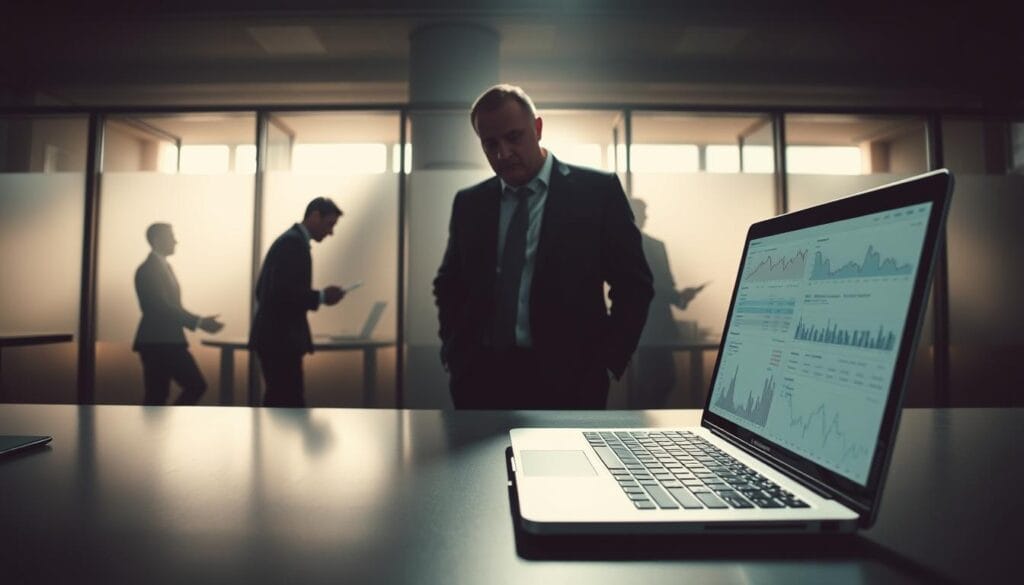 A dimly lit corporate office scene, with a desk in the foreground featuring an open laptop displaying complex financial charts and graphs. In the middle ground, a businessman in a suit stands deep in thought, brow furrowed as he analyzes the data. The background is hazy, with silhouettes of other office workers visible through frosted glass partitions, creating a sense of isolation and the weight of responsibility. Dramatic low-angle lighting casts long shadows, giving the scene a somber, pensive atmosphere. The overall mood conveys the challenges and limitations of using AI for comprehensive risk assessment in a high-stakes financial environment. A dimly lit corporate office scene, with a desk in the foreground featuring an open laptop displaying complex financial charts and graphs. In the middle ground, a businessman in a suit stands deep in thought, brow furrowed as he analyzes the data. The background is hazy, with silhouettes of other office workers visible through frosted glass partitions, creating a sense of isolation and the weight of responsibility. Dramatic low-angle lighting casts long shadows, giving the scene a somber, pensive atmosphere. The overall mood conveys the challenges and limitations of using AI for comprehensive risk assessment in a high-stakes financial environment.