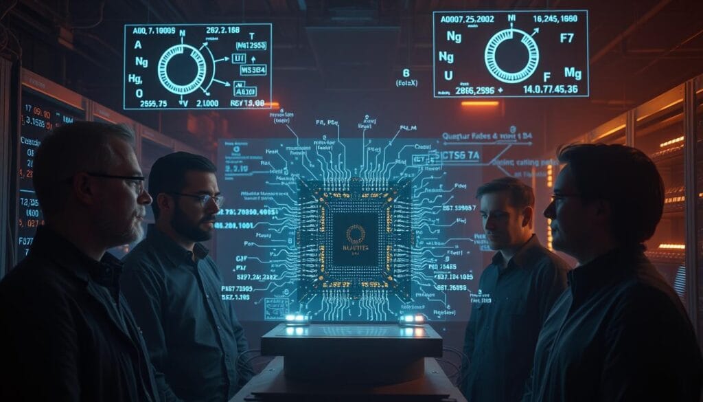 A dimly lit laboratory, the air thick with the hum of quantum computing hardware. Holographic displays flicker with complex mathematical formulas and real-time financial data, casting an ethereal glow across the faces of the researchers. In the center, a large quantum processor, its molecular structure intricately detailed, seems to pulse with the rhythm of algorithmic calculations. The lighting is warm and atmospheric, creating a sense of scientific exploration and discovery. The overall mood is one of intense focus and intellectual curiosity, as the team delves into the enigmatic world of quantum mechanics and its potential to revolutionize portfolio optimization. A dimly lit laboratory, the air thick with the hum of quantum computing hardware. Holographic displays flicker with complex mathematical formulas and real-time financial data, casting an ethereal glow across the faces of the researchers. In the center, a large quantum processor, its molecular structure intricately detailed, seems to pulse with the rhythm of algorithmic calculations. The lighting is warm and atmospheric, creating a sense of scientific exploration and discovery. The overall mood is one of intense focus and intellectual curiosity, as the team delves into the enigmatic world of quantum mechanics and its potential to revolutionize portfolio optimization.