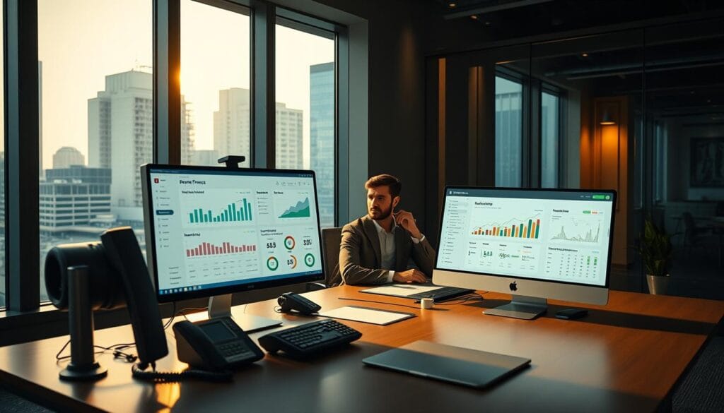 A dimly lit office interior, with a large desk in the foreground featuring ergonomic computer equipment, a sleek monitor, and a modern telephone. On the desktop, a user interface showcases various personal finance tools, including budgeting graphs, investment portfolios, and retirement planning calculators. In the middle ground, a person in a smart casual outfit sits at the desk, intently focused on the screen, providing helpful customer support guidance. The background features floor-to-ceiling windows, offering a cityscape view with warm, golden lighting filtering through. The overall scene conveys a sense of professionalism, productivity, and a commitment to empowering individuals with comprehensive financial planning solutions. A dimly lit office interior, with a large desk in the foreground featuring ergonomic computer equipment, a sleek monitor, and a modern telephone. On the desktop, a user interface showcases various personal finance tools, including budgeting graphs, investment portfolios, and retirement planning calculators. In the middle ground, a person in a smart casual outfit sits at the desk, intently focused on the screen, providing helpful customer support guidance. The background features floor-to-ceiling windows, offering a cityscape view with warm, golden lighting filtering through. The overall scene conveys a sense of professionalism, productivity, and a commitment to empowering individuals with comprehensive financial planning solutions.