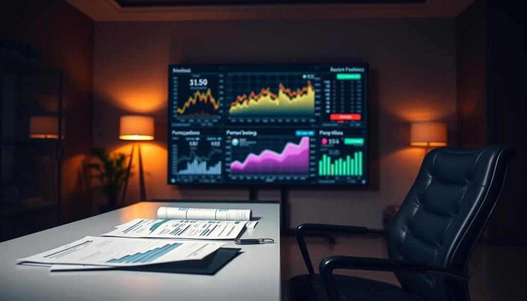 A dimly lit office interior, with a sleek, modern desk and chair in the foreground. On the desk, various financial reports and charts are spread out, suggesting an in-depth analysis. The middle ground features a large, wall-mounted display screen, showcasing intricate data visualizations and AI-generated forecasting models. The background is softly blurred, creating a sense of depth and focus on the analytical work at hand. Warm, amber lighting from a desk lamp casts a subtle glow, creating an atmosphere of deep thought and concentration. The overall scene conveys a sense of expertise, innovation, and the power of AI-driven financial forecasting.