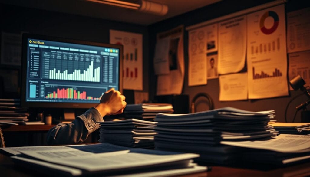 A dimly lit office space, with a cluttered desk and a computer monitor displaying a complex financial forecast model. In the foreground, a finance professional ponders the data, brow furrowed in concentration. The middle ground features a stack of reports and financial statements, casting shadows across the desk. In the background, the office walls are adorned with charts and graphs, hinting at the multitude of variables and uncertainties inherent in financial forecasting. The lighting is moody, with a mix of warm and cool tones, creating a sense of the challenges and complexities faced in this field. The overall atmosphere conveys the weight of responsibility and the need for careful analysis in order to make accurate predictions.