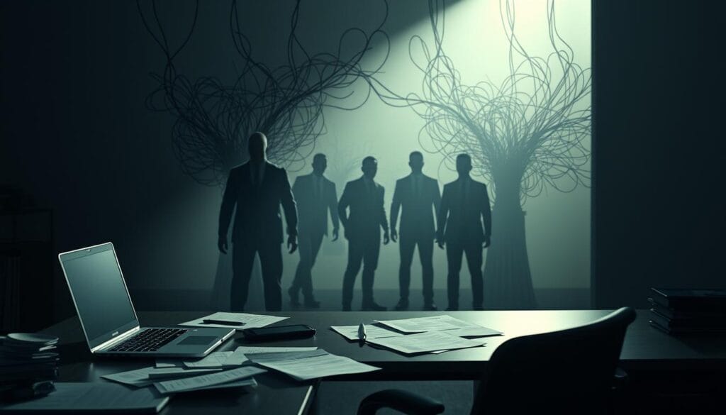 A dimly lit office space, with a desk and chair in the foreground. On the desk, a laptop and various papers, representing the daily tasks and challenges faced by a business leader. In the middle ground, shadowy figures representing the complexities of AI implementation - a tangle of wires, lines of code, and conflicting data streams. The background is hazy, with a sense of unease and uncertainty, as the business leader contemplates the obstacles to widespread AI adoption. Soft lighting casts long shadows, creating a pensive and thought-provoking atmosphere. A dimly lit office space, with a desk and chair in the foreground. On the desk, a laptop and various papers, representing the daily tasks and challenges faced by a business leader. In the middle ground, shadowy figures representing the complexities of AI implementation - a tangle of wires, lines of code, and conflicting data streams. The background is hazy, with a sense of unease and uncertainty, as the business leader contemplates the obstacles to widespread AI adoption. Soft lighting casts long shadows, creating a pensive and thought-provoking atmosphere.