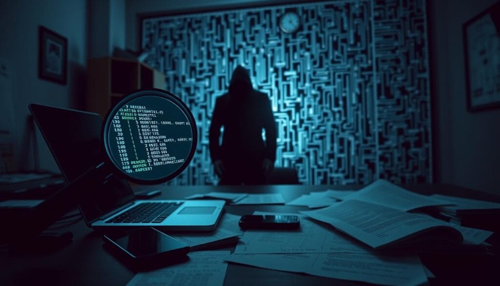 A dimly lit office space, with a desk showcasing a laptop, smartphone, and scattered financial documents. The foreground features a magnifying glass highlighting the sensitive data on the screen, casting an ominous glow. In the middle ground, a shadowy figure lurks, representing the unseen threats to data security. The background depicts a maze of complex algorithms and code, symbolizing the technological challenges of safeguarding financial information in the digital age. A sense of unease and tension permeates the scene, underscoring the gravity of the "Challenges and Risks in Adopting Open Banking APIs 2025". A dimly lit office space, with a desk showcasing a laptop, smartphone, and scattered financial documents. The foreground features a magnifying glass highlighting the sensitive data on the screen, casting an ominous glow. In the middle ground, a shadowy figure lurks, representing the unseen threats to data security. The background depicts a maze of complex algorithms and code, symbolizing the technological challenges of safeguarding financial information in the digital age. A sense of unease and tension permeates the scene, underscoring the gravity of the "Challenges and Risks in Adopting Open Banking APIs 2025".