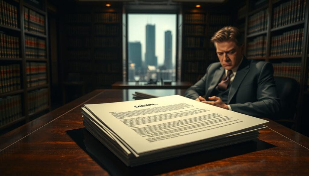 A dimly lit office space, with a sense of formality and bureaucracy. In the foreground, a stack of documents labeled "Policy Exclusions" sits on a polished wooden desk, casting long shadows. Across the desk, a stern-faced executive in a tailored suit contemplates the fine print, their expression conveying a mix of concern and resignation. The middle ground is occupied by bookcases filled with legal tomes, their spines casting gentle patterns of light and shadow. In the background, a large window reveals a blurred cityscape, hinting at the broader context of the insurance industry. The overall atmosphere is one of seriousness, attention to detail, and the weight of financial obligations.