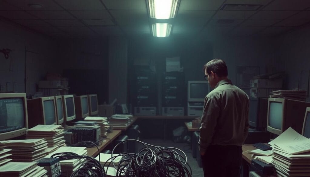 A dimly lit office space, with outdated computer monitors and stacks of paper files scattered across cluttered desks. The environment conveys a sense of sluggishness and resistance to change. In the foreground, a frustrated employee stares at a tangle of wires, symbolizing the challenges of integrating legacy systems. The background is hazy, with faint silhouettes of towering server racks, representing the complexities of infrastructure modernization. Overhead, a single fluorescent light flickers, casting an eerie glow and emphasizing the dated, uninspiring atmosphere. The overall scene evokes the difficulties of transitioning from outdated technologies to more efficient, streamlined systems. A dimly lit office space, with outdated computer monitors and stacks of paper files scattered across cluttered desks. The environment conveys a sense of sluggishness and resistance to change. In the foreground, a frustrated employee stares at a tangle of wires, symbolizing the challenges of integrating legacy systems. The background is hazy, with faint silhouettes of towering server racks, representing the complexities of infrastructure modernization. Overhead, a single fluorescent light flickers, casting an eerie glow and emphasizing the dated, uninspiring atmosphere. The overall scene evokes the difficulties of transitioning from outdated technologies to more efficient, streamlined systems.