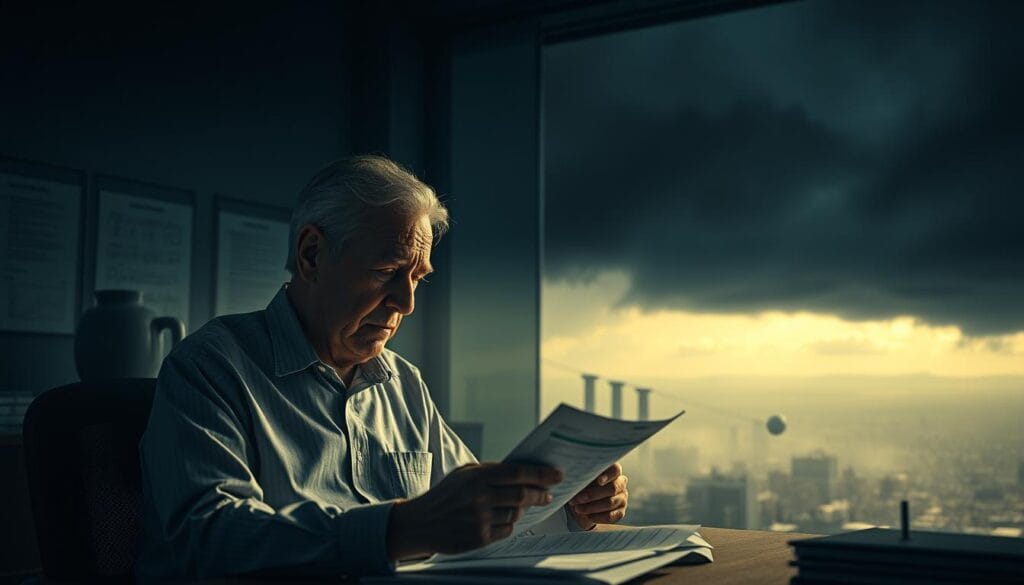 A dimly lit office, the air thick with uncertainty. In the foreground, an anxious retiree poring over financial documents, brow furrowed with concern. Surrounding them, a swirling vortex of risks - spiraling graphs, crumbling retirement pillars, and a shroud of doubt casting long shadows across the scene. The middle ground is a hazy maze of complex financial instruments, algorithms, and AI-powered optimization tools, their true nature obscured. In the distant background, a gloomy horizon, a metaphor for the unpredictable future that looms. Chiaroscuro lighting emphasizes the contrast between the retiree's vulnerability and the opaque, treacherous landscape of modern retirement planning.