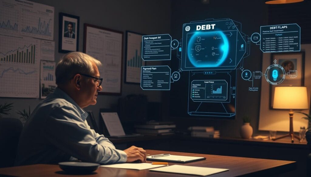 A dimly lit office, the walls adorned with financial charts and graphs. In the foreground, a person sits across a desk, deep in discussion with a debt counselor. Their expressions convey a sense of concern and earnestness. In the background, a sleek, futuristic AI interface hovers, its displays filled with personalized debt management strategies and payment plans. The lighting casts a warm, pensive glow, creating a contemplative atmosphere as the two approaches to financial wellbeing are juxtaposed, each offering a unique path to debt resolution.