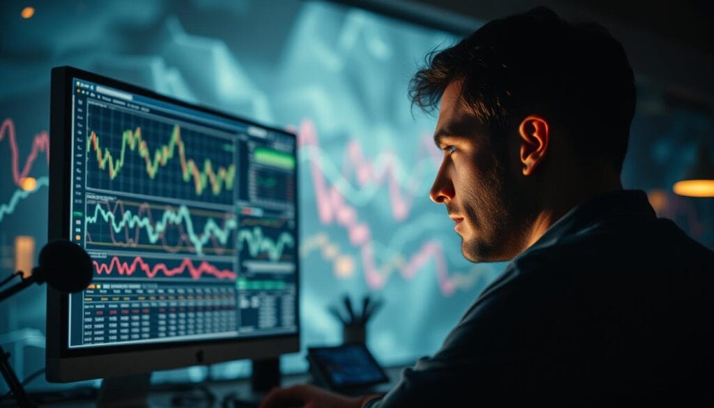 A dimly lit office workspace, with a large computer monitor displaying intricate financial charts and graphs. In the foreground, a data analyst intently studying the performance of various trading algorithms, their face illuminated by the glow of the screen. The background is a hazy, abstract representation of the stock market, with lines and shapes denoting the flow of financial data. The lighting is a mix of warm desk lamps and the cool, blue-tinted glow of the monitor, creating a contemplative, analytical atmosphere. The angle is slightly elevated, giving a sense of the analyst's focused, methodical approach to backtesting and refining their trading strategies. A dimly lit office workspace, with a large computer monitor displaying intricate financial charts and graphs. In the foreground, a data analyst intently studying the performance of various trading algorithms, their face illuminated by the glow of the screen. The background is a hazy, abstract representation of the stock market, with lines and shapes denoting the flow of financial data. The lighting is a mix of warm desk lamps and the cool, blue-tinted glow of the monitor, creating a contemplative, analytical atmosphere. The angle is slightly elevated, giving a sense of the analyst's focused, methodical approach to backtesting and refining their trading strategies.