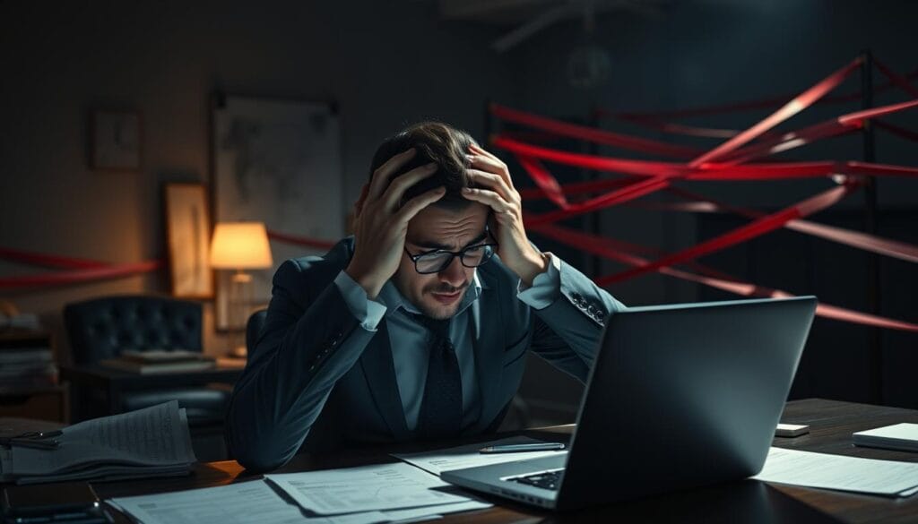 A dimly lit room, a desk cluttered with financial documents and a laptop displaying complex trade finance algorithms. In the foreground, a business executive appears frustrated, hands grasping their head as they grapple with the implementation challenges of adopting new technologies. Subtle lighting casts shadows, creating a sense of unease and uncertainty. In the background, a maze of red tape and bureaucratic obstacles obstruct the path forward. The scene conveys the tensions and complexities involved in modernizing trade finance systems, an atmosphere of mounting pressure and the need to overcome regulatory barriers. A dimly lit room, a desk cluttered with financial documents and a laptop displaying complex trade finance algorithms. In the foreground, a business executive appears frustrated, hands grasping their head as they grapple with the implementation challenges of adopting new technologies. Subtle lighting casts shadows, creating a sense of unease and uncertainty. In the background, a maze of red tape and bureaucratic obstacles obstruct the path forward. The scene conveys the tensions and complexities involved in modernizing trade finance systems, an atmosphere of mounting pressure and the need to overcome regulatory barriers.