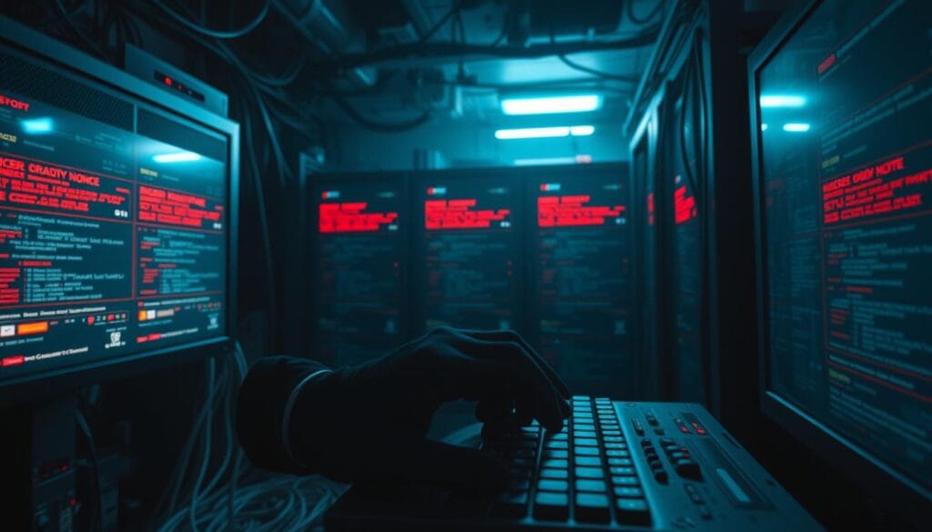 A dimly lit server room, cables snaking across the floor, casting eerie shadows. On the monitors, alarming red error messages flash incessantly, signaling a devastating data breach. In the foreground, a lone hacker's gloved hand types furiously on a keyboard, the glow of the screen illuminating their face with an unsettling intensity. The atmosphere is one of impending doom, a sense of vulnerability and the fragility of our digital age. The scene is captured with a cinematic, high-contrast aesthetic, using a wide-angle lens to emphasize the overwhelming scale of the intrusion. A dimly lit server room, cables snaking across the floor, casting eerie shadows. On the monitors, alarming red error messages flash incessantly, signaling a devastating data breach. In the foreground, a lone hacker's gloved hand types furiously on a keyboard, the glow of the screen illuminating their face with an unsettling intensity. The atmosphere is one of impending doom, a sense of vulnerability and the fragility of our digital age. The scene is captured with a cinematic, high-contrast aesthetic, using a wide-angle lens to emphasize the overwhelming scale of the intrusion.