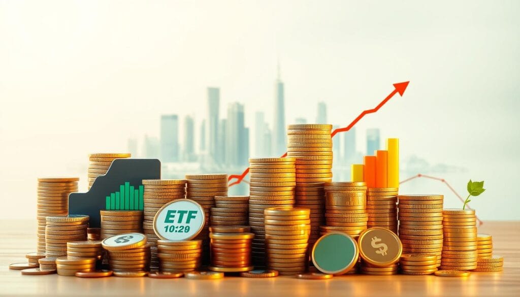 A diverse array of investment options, including stacks of coins, bar graphs, and stock charts, are displayed against a clean, minimalist background. Warm lighting casts a soft, inviting glow, creating a sense of stability and growth. The foreground features a mix of traditional and modern investment vehicles, such as ETF tickers, mutual fund logos, and fractional share icons, arranged in a visually appealing composition. The middle ground showcases a cityscape skyline, symbolizing the global reach of investment opportunities. The background subtly blends shades of green, hinting at the sustainable focus of the investment options. The overall scene conveys a sense of financial security, technological innovation, and environmental consciousness. A diverse array of investment options, including stacks of coins, bar graphs, and stock charts, are displayed against a clean, minimalist background. Warm lighting casts a soft, inviting glow, creating a sense of stability and growth. The foreground features a mix of traditional and modern investment vehicles, such as ETF tickers, mutual fund logos, and fractional share icons, arranged in a visually appealing composition. The middle ground showcases a cityscape skyline, symbolizing the global reach of investment opportunities. The background subtly blends shades of green, hinting at the sustainable focus of the investment options. The overall scene conveys a sense of financial security, technological innovation, and environmental consciousness.