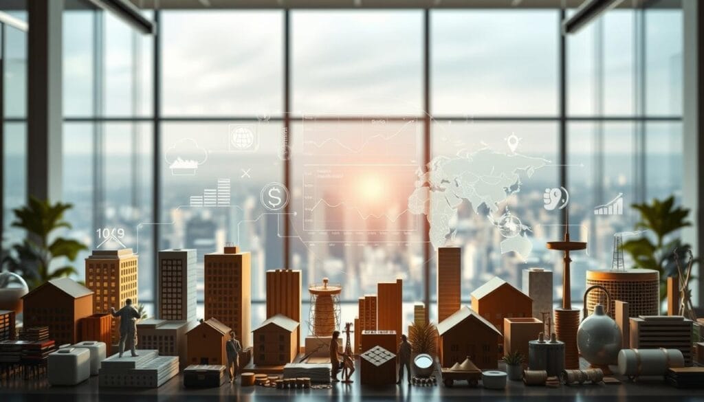 A diverse portfolio of financial assets against a backdrop of a modern office space. In the foreground, icons representing stocks, bonds, real estate, and commodities are artfully arranged. The middle ground features a holographic display of performance metrics and risk-reward analysis. In the background, floor-to-ceiling windows offer a panoramic view of a bustling cityscape, symbolizing the global nature of today's investment landscape. Soft, directional lighting casts a professional, yet warm glow, conveying a sense of confidence and informed decision-making. The overall composition effortlessly communicates the concept of retirement portfolio diversification. A diverse portfolio of financial assets against a backdrop of a modern office space. In the foreground, icons representing stocks, bonds, real estate, and commodities are artfully arranged. The middle ground features a holographic display of performance metrics and risk-reward analysis. In the background, floor-to-ceiling windows offer a panoramic view of a bustling cityscape, symbolizing the global nature of today's investment landscape. Soft, directional lighting casts a professional, yet warm glow, conveying a sense of confidence and informed decision-making. The overall composition effortlessly communicates the concept of retirement portfolio diversification.