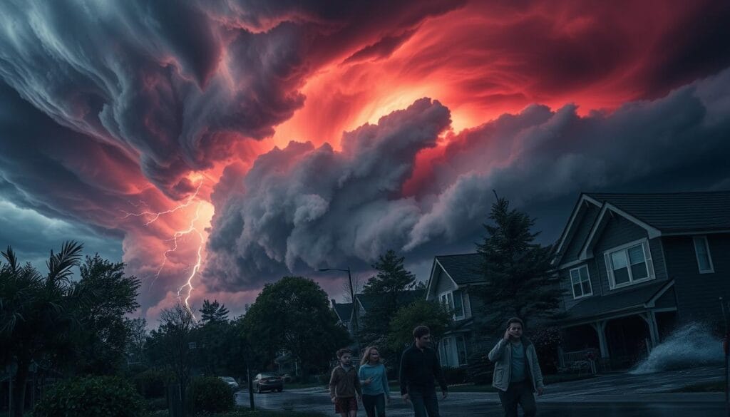 A dramatic, apocalyptic scene of extreme weather risks casting an ominous shadow over a suburban neighborhood. In the foreground, a supercell thunderstorm looms, its towering cumulonimbus clouds lit by ominous lightning. Swirling winds tear through the trees, as hail batters the rooftops. In the middle ground, a family hurries to take shelter, their expressions etched with fear. In the background, a flooded street, with crashing waves from a rising sea level threatening to submerge nearby homes. The sky is a turbulent mix of dark grays and reds, conveying a sense of urgency and the gravity of the climate crisis. Realistic textures, cinematic lighting, and a palpable tension permeate the image.