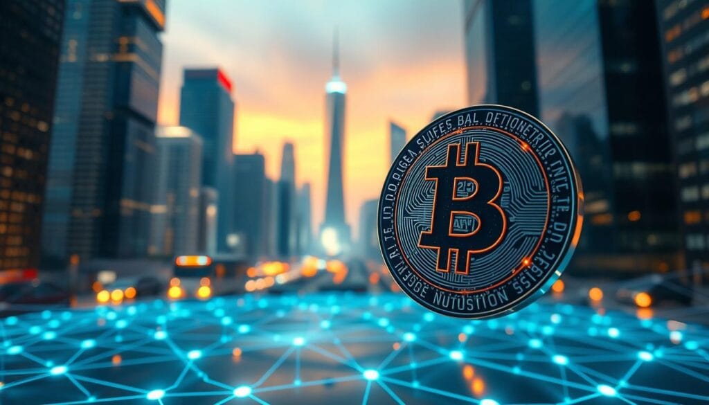 A dramatic, vibrant image of emerging cryptocurrency in the year 2025. In the foreground, a futuristic digital token hovers, its surface reflecting the glow of holographic displays. In the middle ground, a network of interconnected blockchain nodes pulsate with energy, casting a neon light over the scene. The background fades into a cityscape of gleaming skyscrapers, hinting at the integration of cryptocurrency into the mainstream economy. The composition is captured with a wide-angle lens, emphasizing the scale and dynamism of this new financial landscape. The overall mood is one of anticipation and innovation, capturing the spirit of the emerging cryptocurrency stars of 2025.