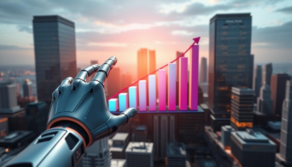 A dynamic, 3D illustration of the rapid growth of the U.S. robo-advisor market. In the foreground, a sleek, metallic robotic hand emerges from a futuristic financial landscape, representing the rise of automated investment management. In the middle ground, a bar chart depicting the exponential ascent of robo-advisor assets under management, rendered in vibrant hues. The background showcases a cityscape of gleaming skyscrapers, symbolizing the integration of this technology within the modern financial ecosystem. Dramatic lighting casts long shadows, conveying a sense of power and momentum. The scene is captured through a wide-angle lens, emphasizing the scale and scope of this transformative industry.