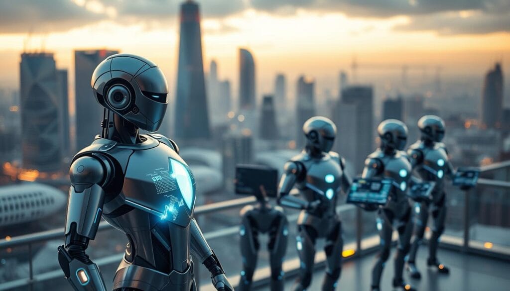 A dynamic and futuristic scene of robo-advisors in action. In the foreground, a sleek, metallic humanoid figure stands poised with a holographic display projected from its chest, analyzing financial data with lightning-fast precision. The middle ground features a team of these intelligent agents, each engaged in tailored investment strategies, their screens ablaze with real-time market insights. In the background, a cityscape of gleaming skyscrapers and advanced infrastructure sets the stage for this technological revolution in wealth management. Bathed in a warm, ambient glow, the scene conveys a sense of efficiency, innovation, and the promise of a new era in financial advising.