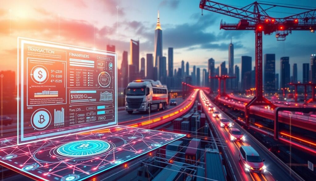 A dynamic and interconnected blockchain ecosystem, showcasing the advancements in distributed ledger solutions for supply chain finance in 2025. In the foreground, a holographic display presents real-time transaction data, financial insights, and smart contract automation. The middle ground features a network of integrated IoT sensors and RFID tags, tracking the movement of goods and transactions across the supply chain. In the background, a futuristic cityscape with towering skyscrapers and seamless transportation systems symbolizes the integration of blockchain technology into the broader financial infrastructure. Warm lighting and a vibrant color palette convey a sense of innovation, efficiency, and technological progress. A dynamic and interconnected blockchain ecosystem, showcasing the advancements in distributed ledger solutions for supply chain finance in 2025. In the foreground, a holographic display presents real-time transaction data, financial insights, and smart contract automation. The middle ground features a network of integrated IoT sensors and RFID tags, tracking the movement of goods and transactions across the supply chain. In the background, a futuristic cityscape with towering skyscrapers and seamless transportation systems symbolizes the integration of blockchain technology into the broader financial infrastructure. Warm lighting and a vibrant color palette convey a sense of innovation, efficiency, and technological progress.