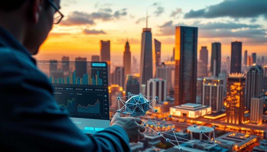 A dynamic blockchain interface seamlessly integrates with a robust financial planning dashboard. In the foreground, a user navigates intuitive menus and graphs, tracking investments, budgets, and wealth management. The middle ground features a 3D model of a blockchain network, nodes communicating through interconnected chains. In the background, a cityscape with towering skyscrapers symbolizes the scale and impact of this blockchain-powered financial revolution. Warm, ambient lighting casts a futuristic glow, conveying a sense of innovation and progress. The overall composition suggests the harmony between cutting-edge technology and personal financial empowerment.